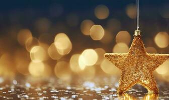 ai gerado espumante dourado Natal estrela. enfeite decoração desfocado bokeh fundo. ai gerado foto