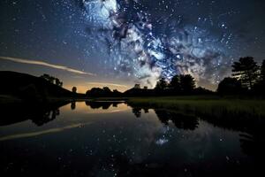 ai gerado leitoso caminho refletido em lago. ai gerado foto