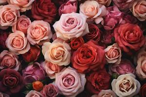 ai gerado topo Visão do rosa flores Como uma fundo fechar acima pano de fundo do colorida rosas ai gerado foto