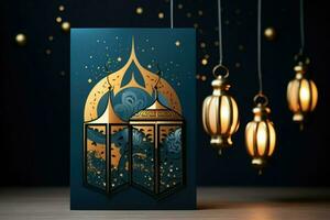 ai gerado Ramadã kareem árabe lanterna cumprimento cartão ai gerado foto
