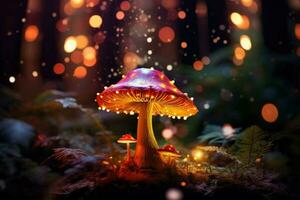 ai gerado fantasia cogumelo com bokeh luz dentro a floresta às noite 3d ilustração do abstrato fundo ai gerado foto