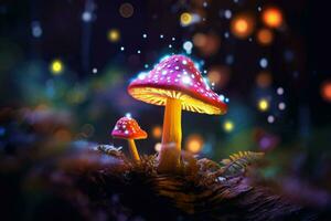 ai gerado fantasia cogumelo com bokeh luz dentro a floresta às noite 3d ilustração do abstrato fundo ai gerado foto