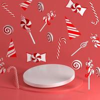 Pódio 3D com doces de Natal em fundo vermelho foto