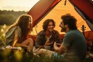 ai gerado amigo desfrutando uma verão acampamento com amigos, elas estão olhando às Câmera e sorridente, amigos desfrutando uma verão acampamento ai gerado foto