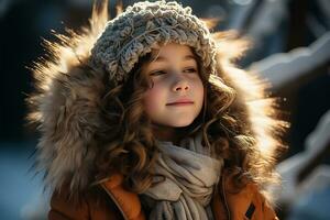 ai gerado lado beleza retrato do lindo criança, respiração profundo profundamente fresco ar às inverno frio gelado Nevado dia com dela olhos fechadas foto