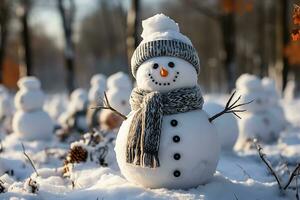 ai gerado uma festivo boneco de neve e inverno floresta Visão dentro fundo com nevando foto