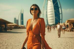 ai gerado lindo jovem mulher é caminhando em a de praia dentro dubai ai gerado foto