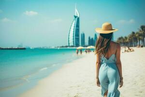 ai gerado lindo jovem mulher é caminhando em a de praia dentro dubai ai gerado foto