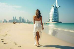 ai gerado lindo jovem mulher é caminhando em a de praia dentro dubai ai gerado foto