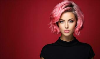 ai gerado retrato do lindo jovem mulher com Rosa cabelo em vermelho fundo. foto