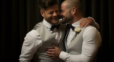 ai gerado jovem gays Casamento cena, Casamento do jovem gays foto