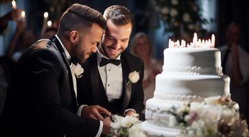 ai gerado jovem gays Casamento cena, Casamento do jovem gays foto