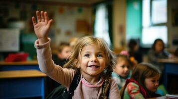 ai gerado pequeno menina dentro Sala de aula levantando acima mão, generativo ai foto