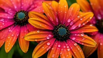 ai gerado fechar acima do uma grupo do brilhante colorida flores com água gotas. foto