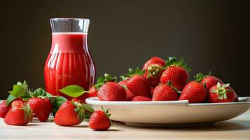 ai gerado fresco morango com suco em a mesa ai generativo foto