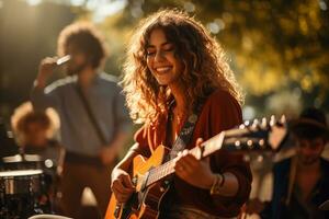 ai gerado grupo do amigos jogando música dentro a parque em ensolarado dia. ao ar livre Atividades, música banda conceito foto