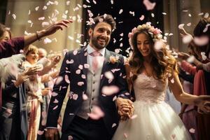 ai gerado feliz noiva e noivo dançando em seus Casamento dia com confete, uma casal deixando seus Casamento cerimônia regado com flor pétalas, ai gerado foto