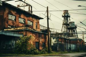 ai gerado abandonado industrial área com velho fábrica prédio, filtrado imagem, uma contraste do industrial e vintage arquitetura, ai gerado foto
