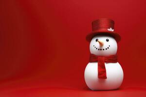 ai gerado boneco de neve com chapéu e cachecol em vermelho fundo foto