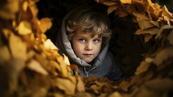 ai gerado pequeno Garoto cobrir dentro outono folhas e sombras foto