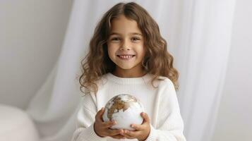 ai gerado retrato do uma adorável menina segurando pequeno globo planeta mundo foto