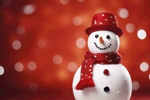 ai gerado boneco de neve com chapéu e cachecol em vermelho fundo foto