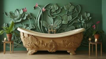 ai gerado de madeira banheira contra uma verde parede com lótus flor decoração foto