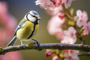 ai gerado uma bluetit pássaro em repouso em a ramo do uma árvore. ai gerado. foto