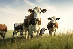 ai gerado grupo do vacas em pé dentro uma gramíneo campo. ai gerado foto