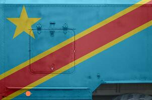democrático república do a Congo bandeira retratado em lado parte do militares blindado caminhão fechar-se. exército forças conceptual fundo foto