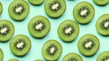 ai gerado fatias do kiwi fruta e verde hortelã folhas em uma luz pastel azul fundo. ai gerado foto