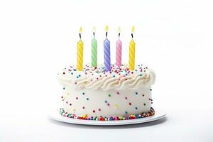 ai gerado colorida aniversário bolo com velas isolado em branco fundo. ai gerado foto