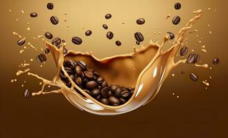 ai gerado quente líquido café respingo com café feijão caindo, 3d ilustração. ai gerado foto