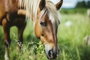 ai gerado Castanho cavalo com loiro cabelo come Relva em uma verde Prado detalhe a partir de a cabeça. ai gerado foto