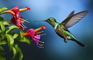 ai gerado beija Flor pássaro vôo Próximo para uma lindo vermelho flor com chuva. ai gerado foto