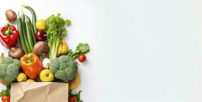 ai gerado saudável Comida dentro papel saco legumes e frutas em branco fundo. ai gerado foto