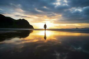 ai gerado uma pessoa caminhando em a de praia às pôr do sol. ai gerado. foto