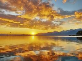 ai gerado brilhante pôr do sol sobre lago dourado nuvens refletir dentro a água. ai gerado. foto