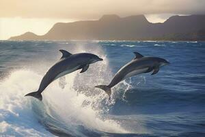 ai gerado brincalhão golfinhos pulando sobre quebra ondas. Havaí pacífico oceano animais selvagens cenário. generativo ai foto