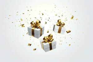 ai gerado alegre Novo ano e alegre Natal 2024 branco presente caixas com dourado arcos e ouro lantejoulas confete em branco fundo. ai gerado foto