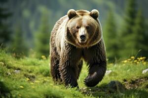 ai gerado Castanho Urso comovente em a verde Prado dentro primavera natureza. ai gerado foto