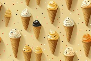 ai gerado incorporar uma variedade do waffle cones com diferente gelo creme sabores. ai gerado foto