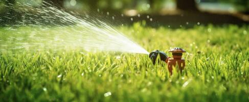 ai gerado automático jardim gramado aspersor dentro açao rega grama. ai gerado foto