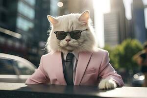 ai gerado uma gato é vestindo oculos de sol, terno e em pé em rua. ai gerado foto