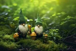 ai gerado brinquedo irlandês gnomos dentro uma mistério floresta, abstrato verde natural fundo. generativo ai foto