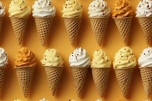 ai gerado incorporar uma variedade do waffle cones com diferente gelo creme sabores. ai gerado foto