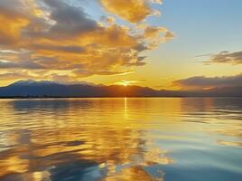 ai gerado brilhante pôr do sol sobre lago dourado nuvens refletir dentro a água. ai gerado. foto