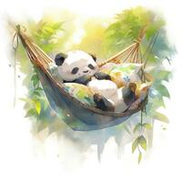 ai gerado uma sonolento bebê panda dentro uma maca. aguarela ilustração. ai gerado foto