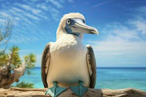 ai gerado a raro de pés azuis booby descansos em a de praia. ai gerado foto