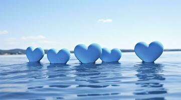ai gerado azul corações do dia dos namorados em a água contra céu fundo foto